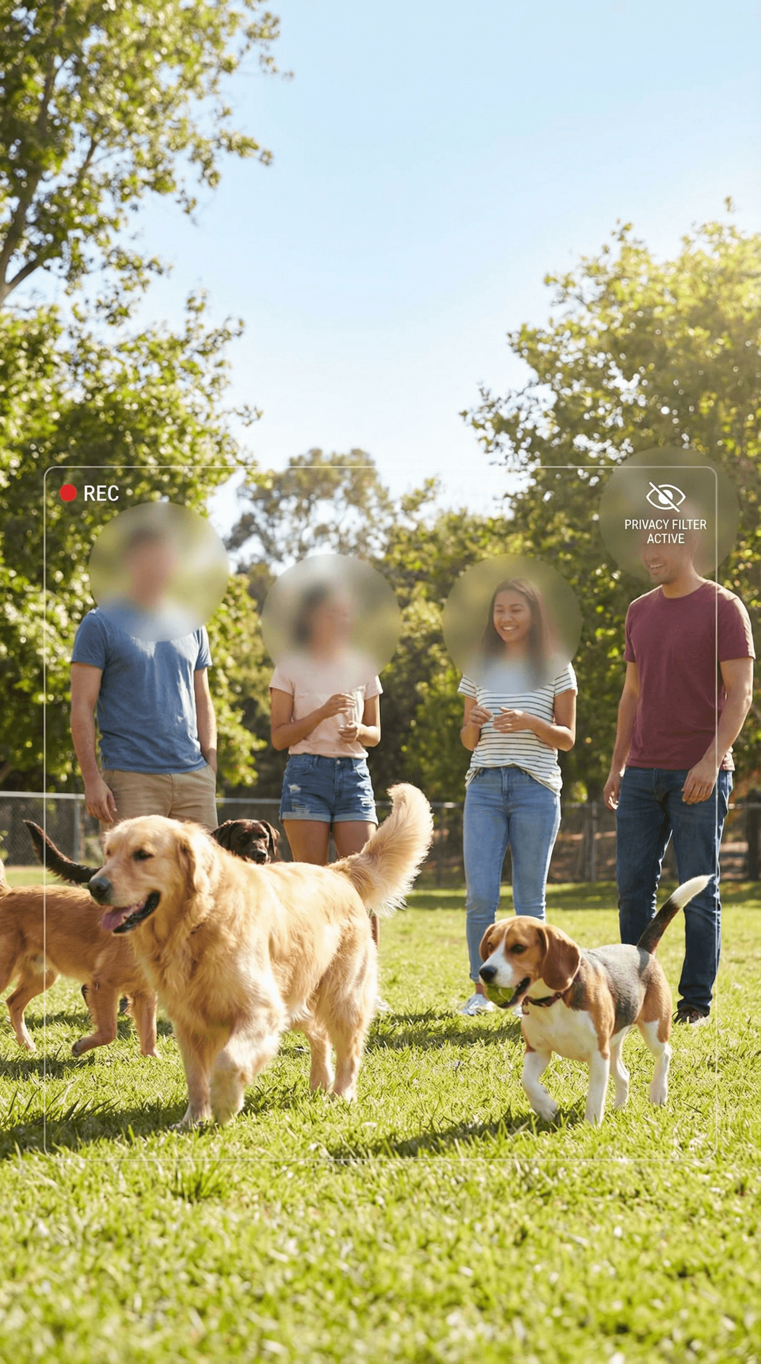 Dog park scene with blurred faces